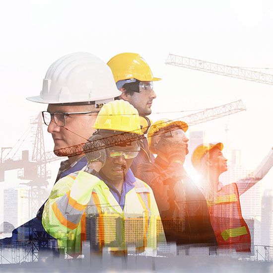 Montage of workers superimposed over buildings